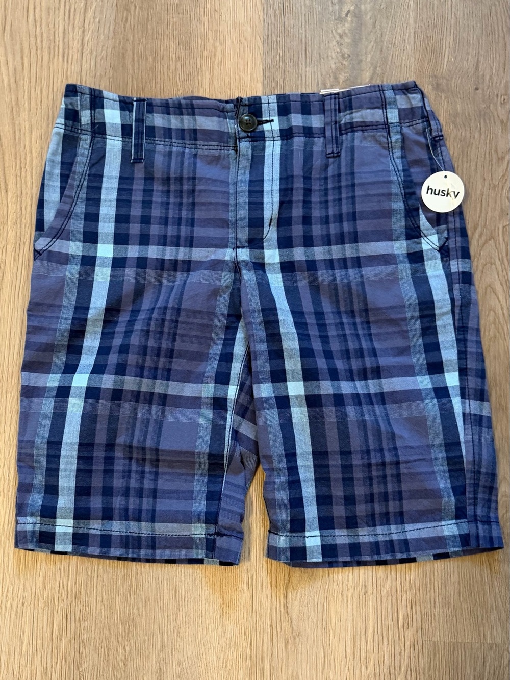 Arizona Plaid Chino Shorts Boys Size 10 Husky Navy Blue NWT